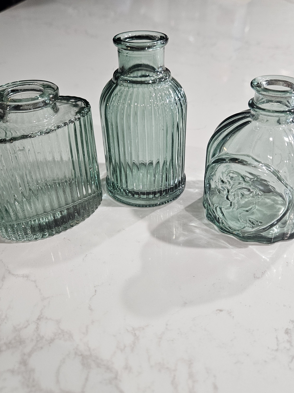 Set of 3 Ribbed Glass Bud Vases in Sea Glass Green